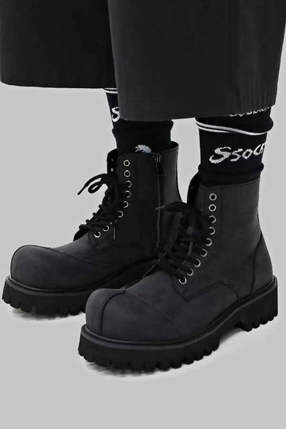 Black Suede Combat Boots with Lug Sole