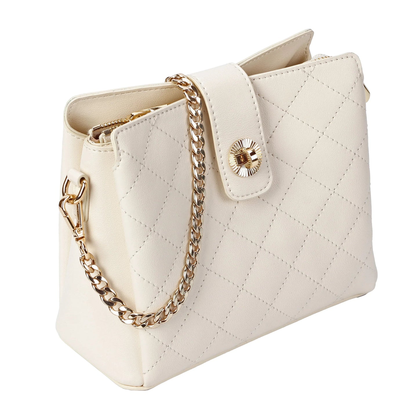 Ivory Quilted Leather Crossbody Bag with Gold Chain Strap MiamiLeathers.com