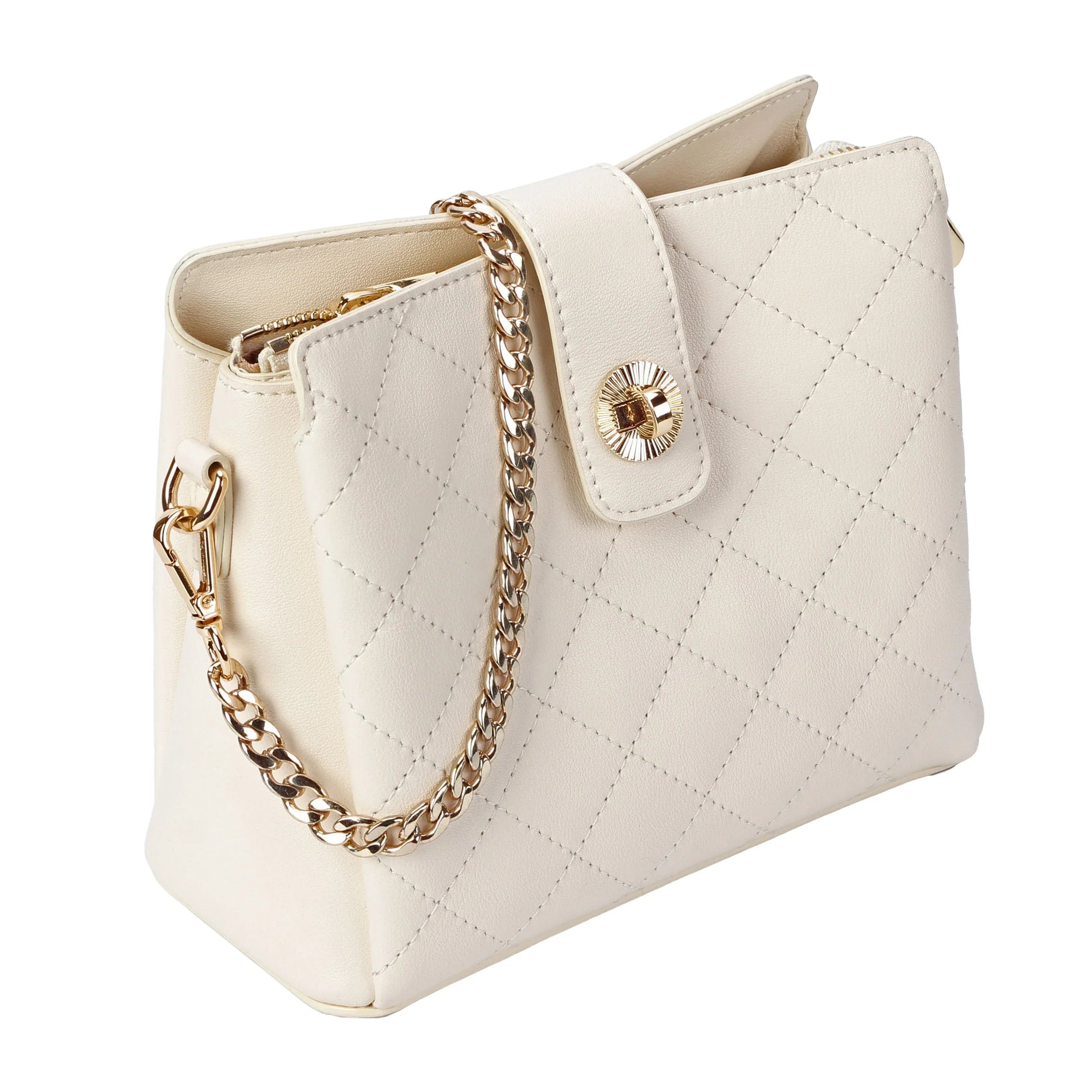 Ivory Quilted Leather Crossbody Bag with Gold Chain Strap MiamiLeathers.com