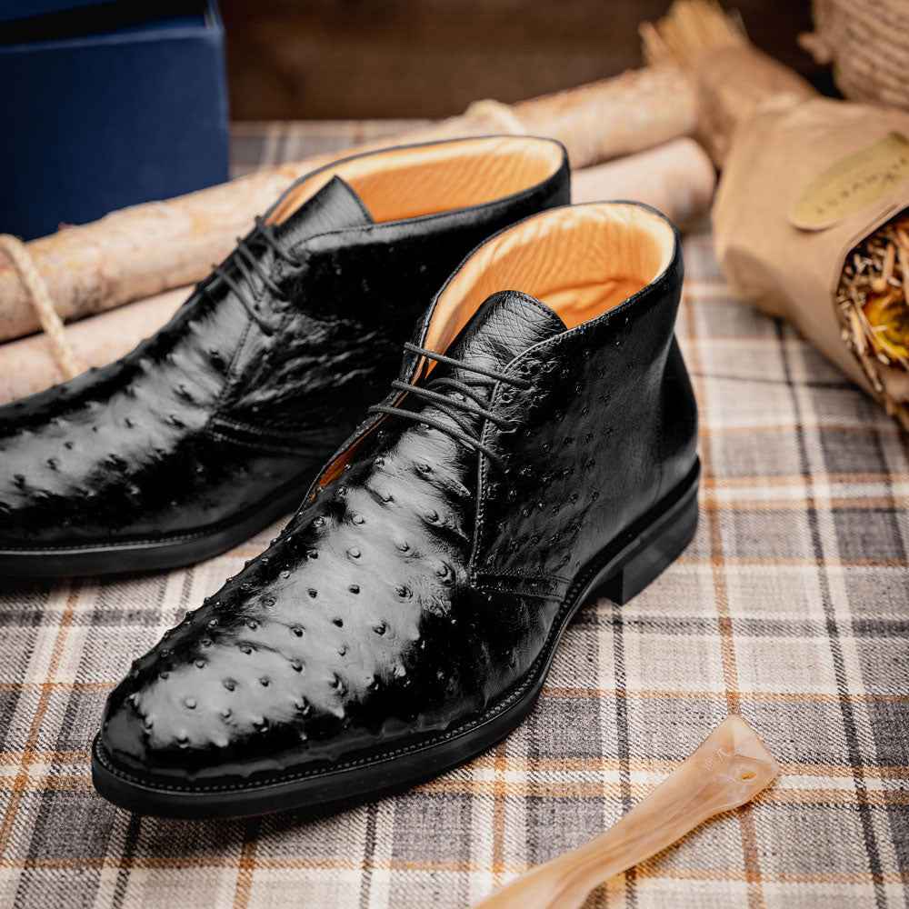 43-594-BLK MARCO Ostrich Quill Chukka Boot, Black Zelli Italia