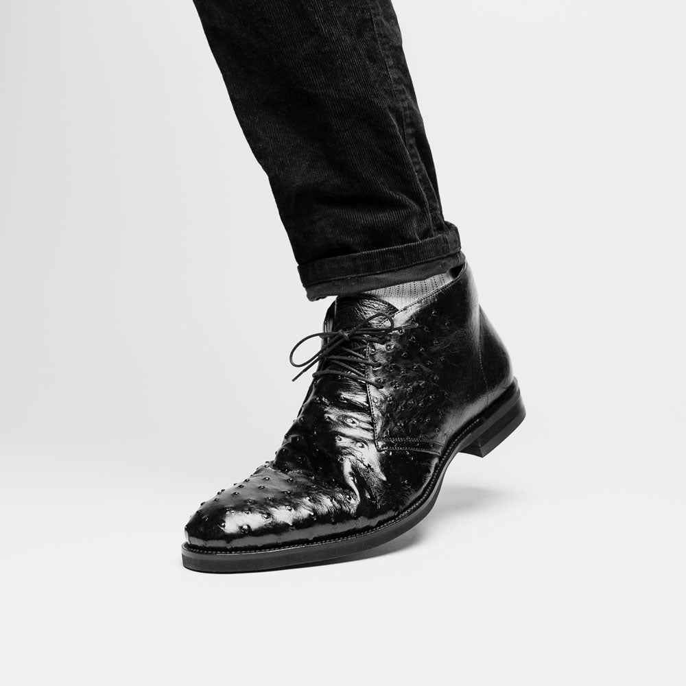 43-594-BLK MARCO Ostrich Quill Chukka Boot, Black Zelli Italia