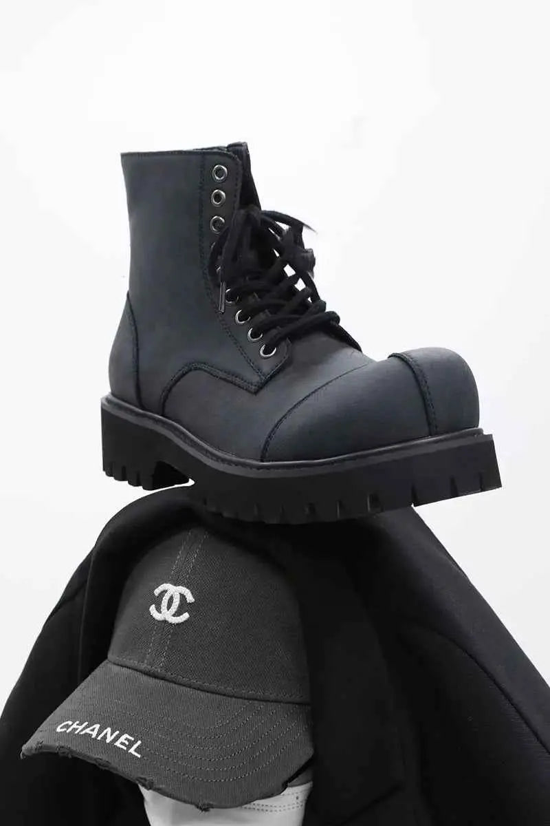Black Suede Combat Boots with Lug Sole