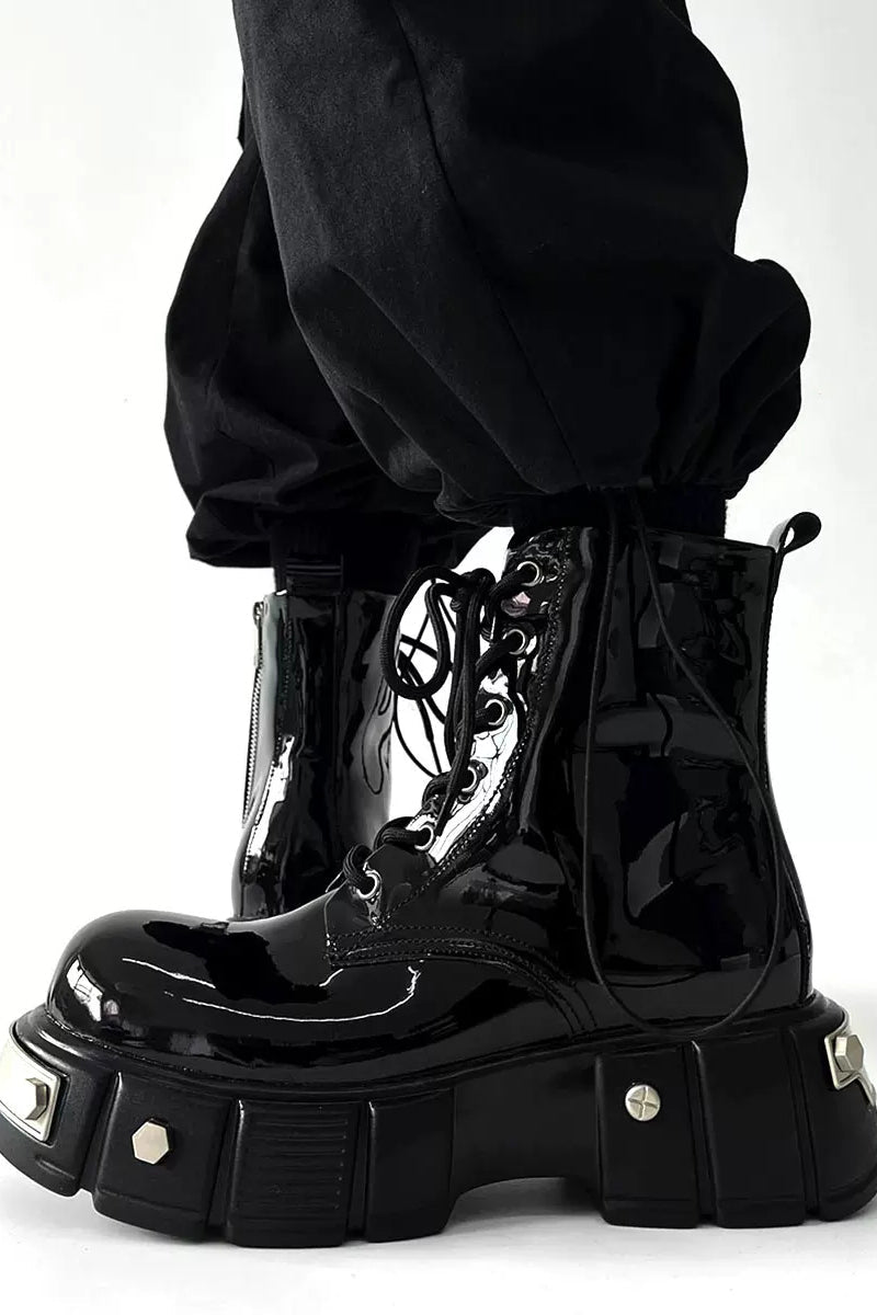 Patent Leather Platform Combat Boots - Wolvess