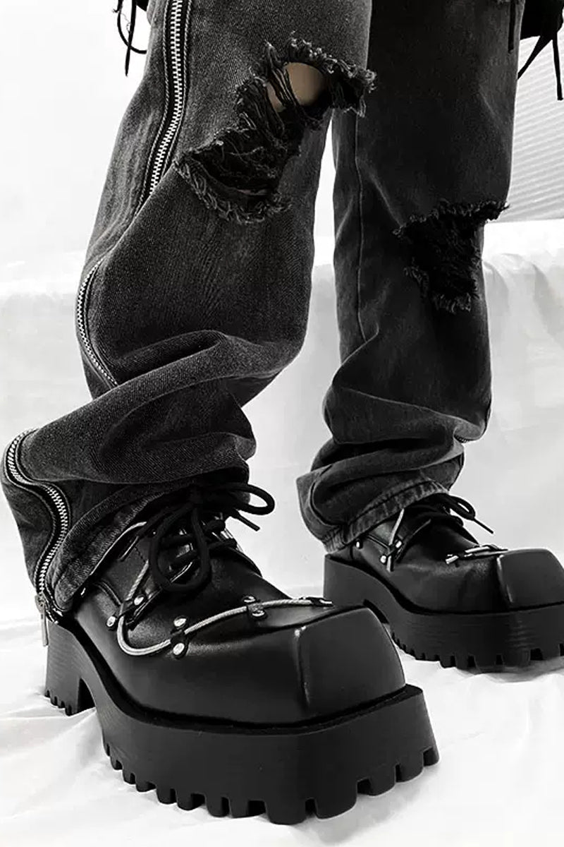 Black Studded Platform Chunky Derby Shoes - Wolvess