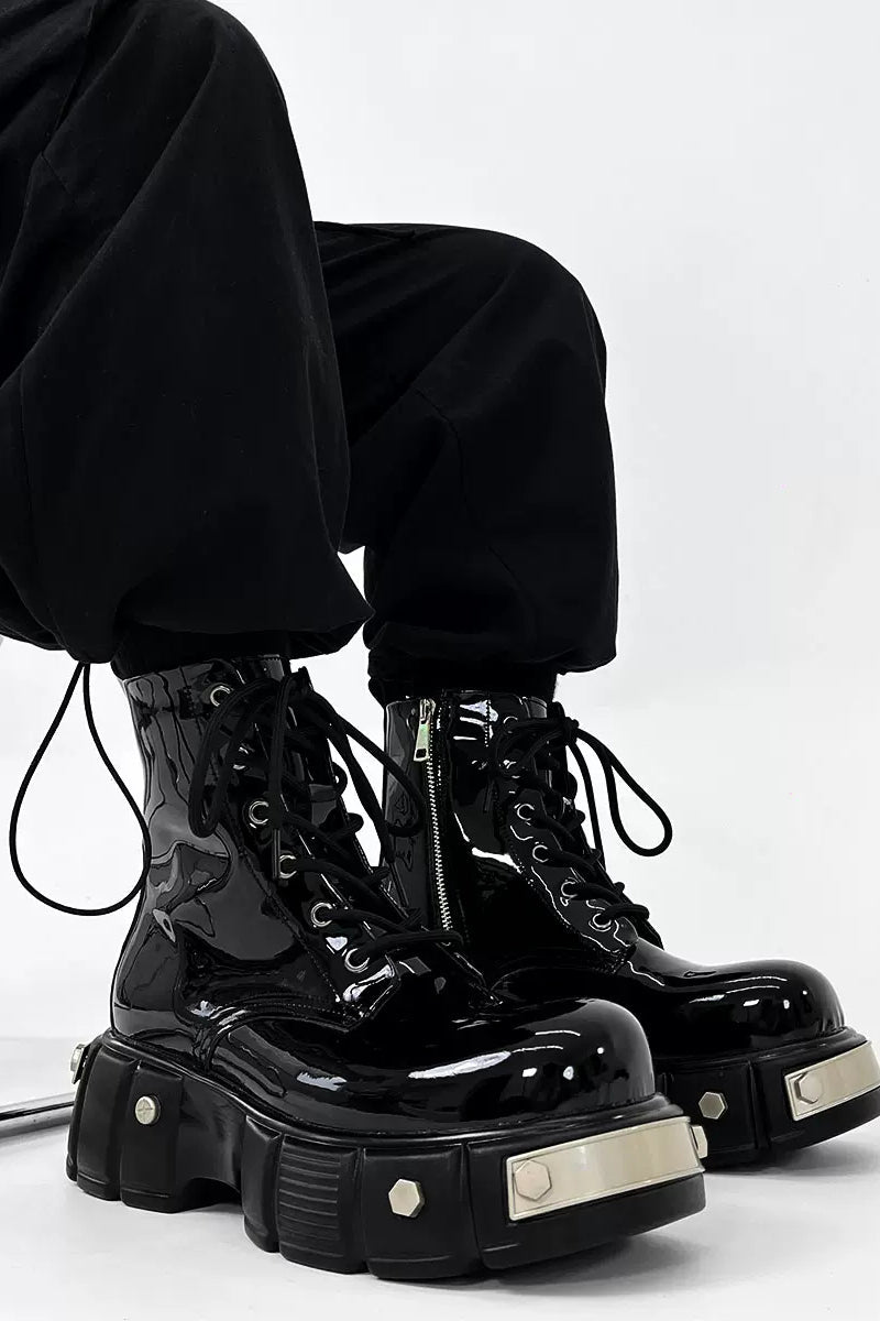 Patent Leather Platform Combat Boots - Wolvess
