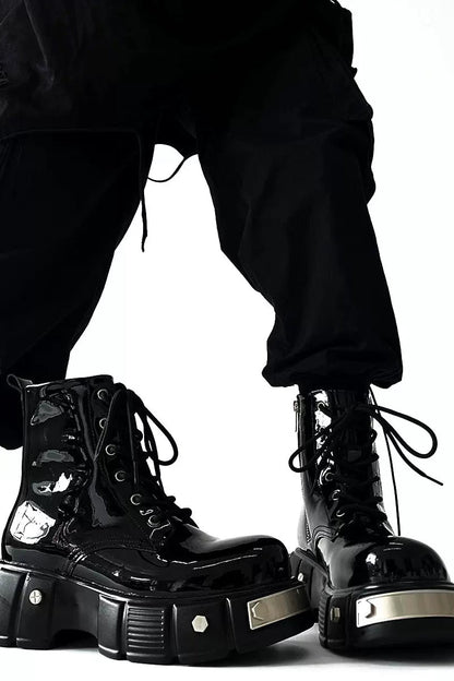 Patent Leather Platform Combat Boots - Wolvess