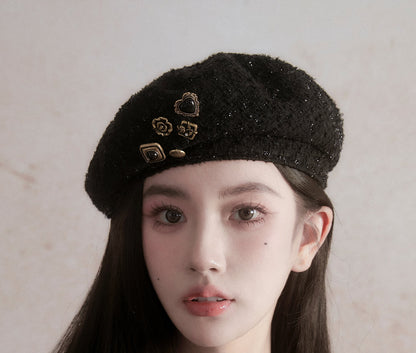 Black Wool Beret with Pin Accessories - Wolvess