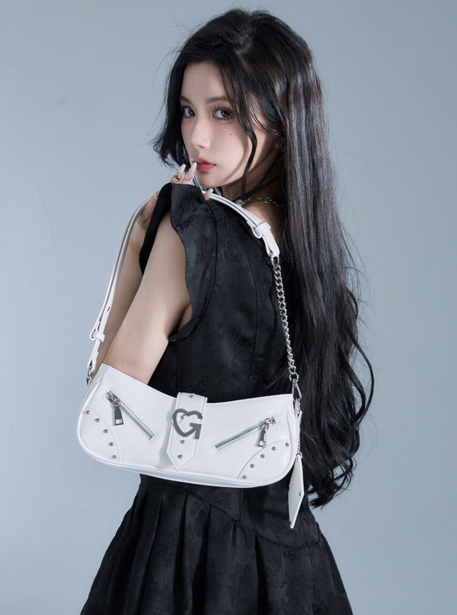 Edgy Baguette Shoulder Bag with Chain Strap - Wolvess