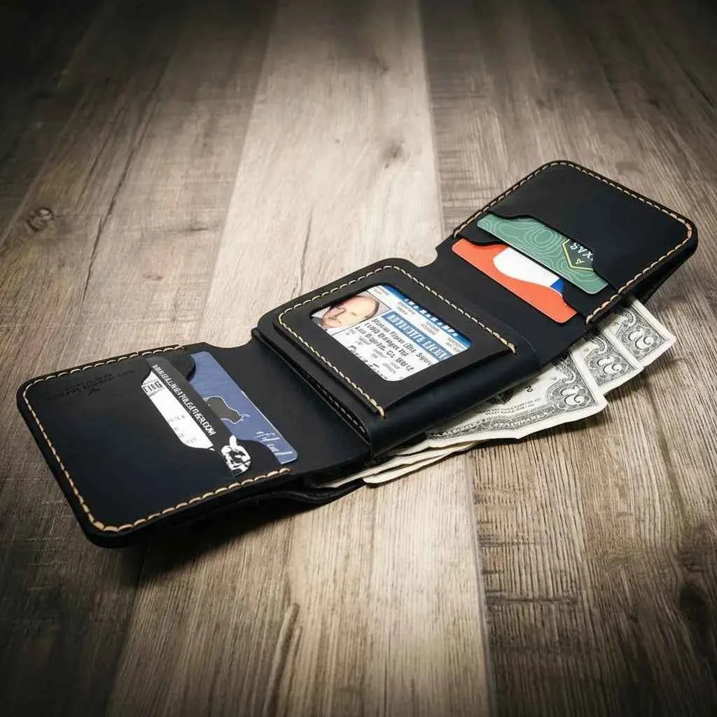 Badge Trifold Wallet - Black Bull Sheath Leather