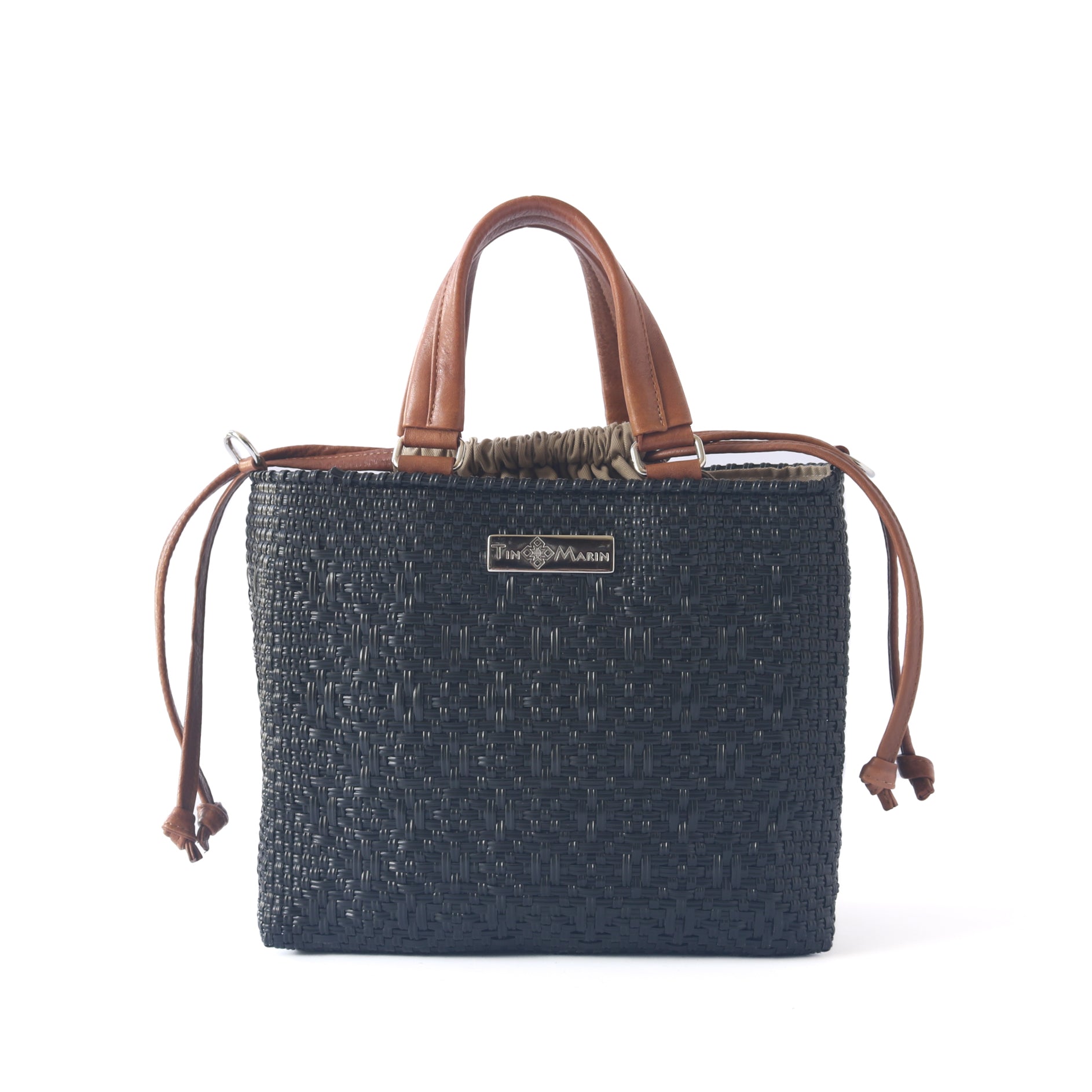 All Black Medium Woven Crossbody Drawstring Bag Tin Marin Brand