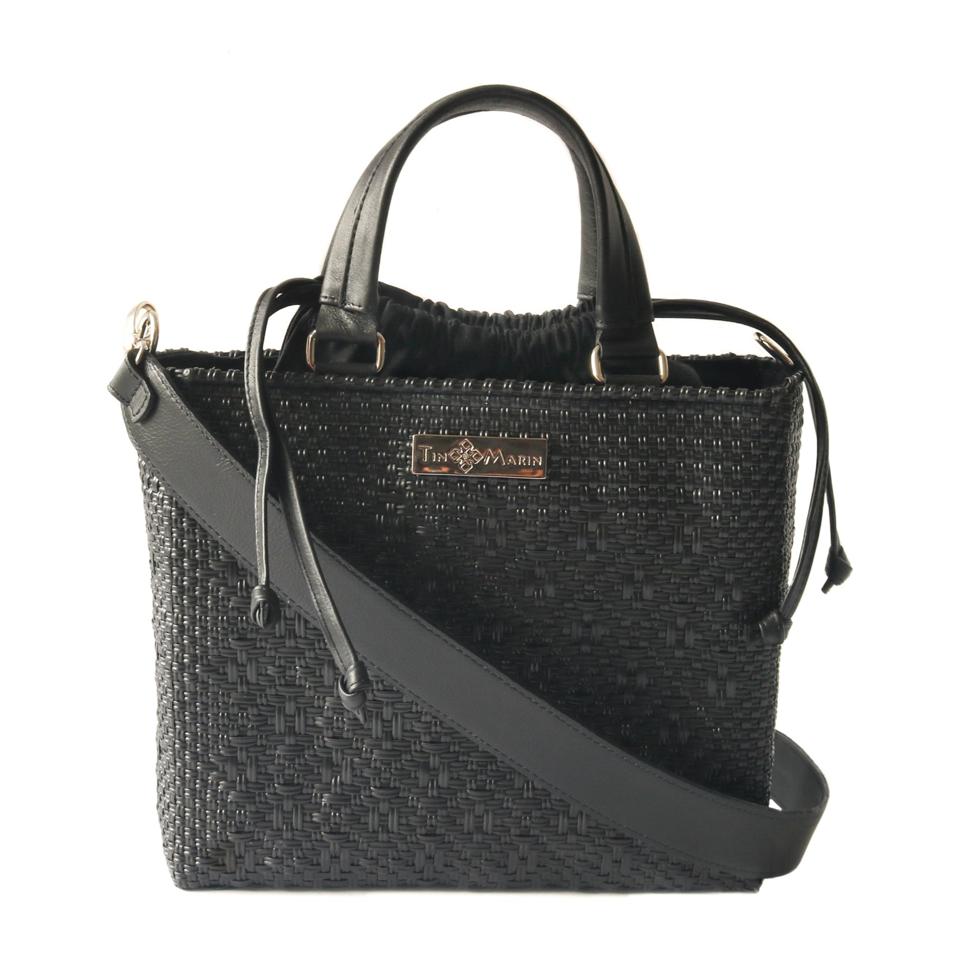 All Black Medium Woven Crossbody Drawstring Bag Tin Marin Brand