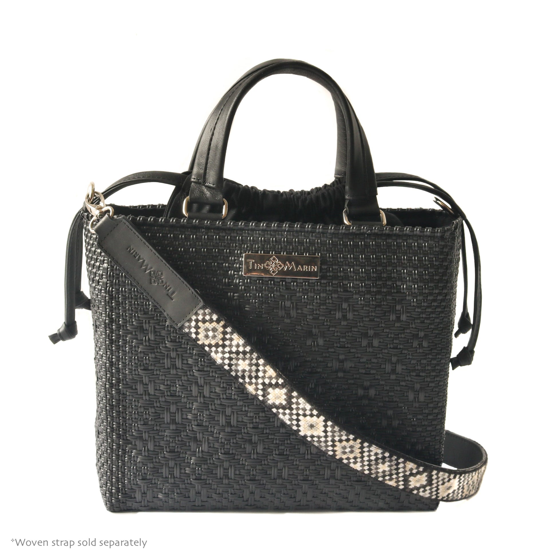 All Black Medium Woven Crossbody Drawstring Bag Tin Marin Brand