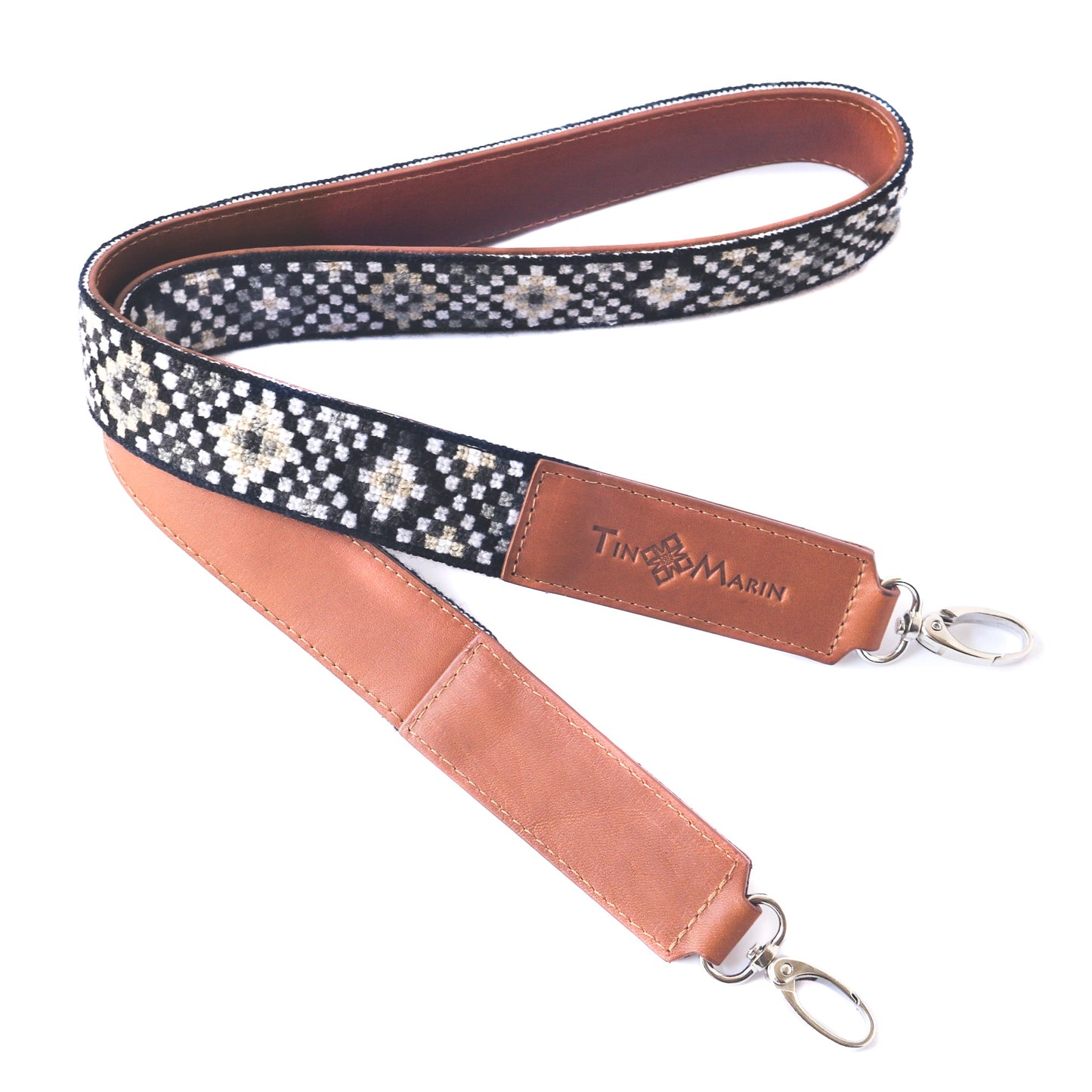 Mai Woven Bag Strap - Black & White with Leather Tin Marin Brand