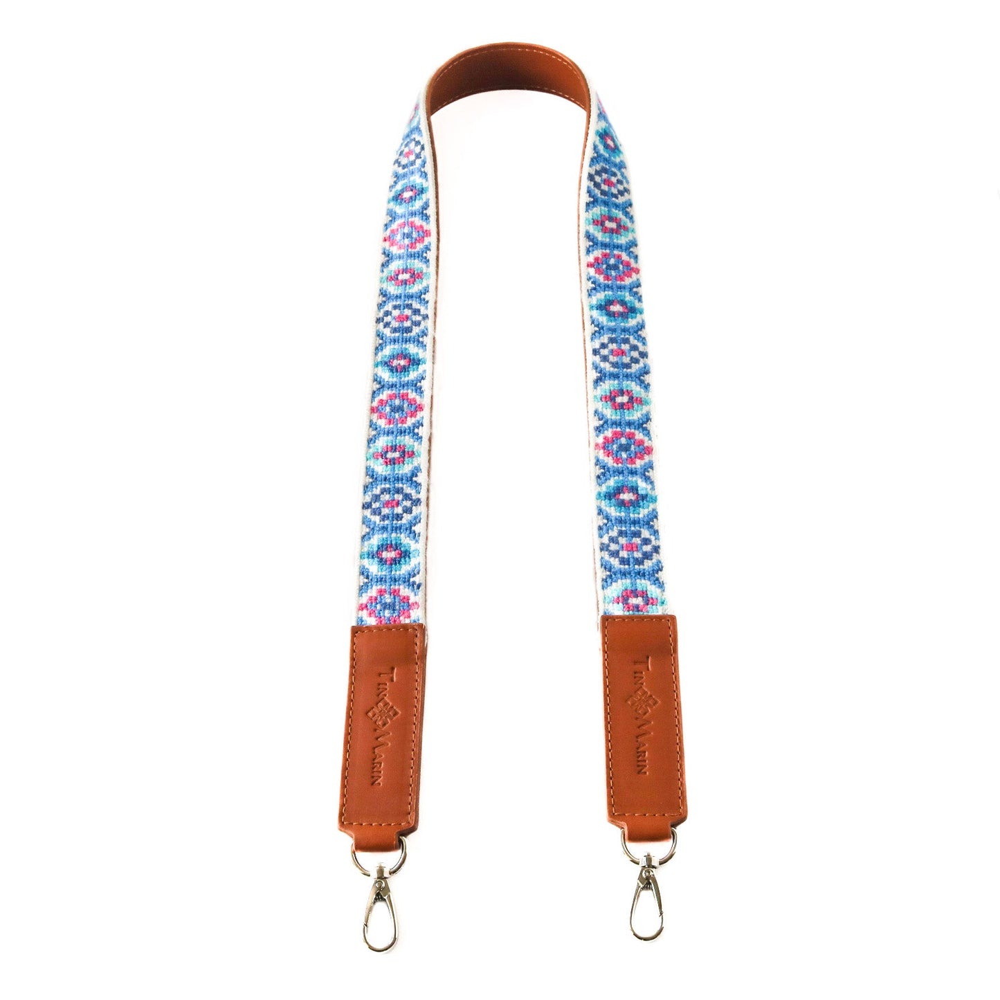 Mai Woven Bag Strap - Blue & Pink with Leather Tin Marin Brand