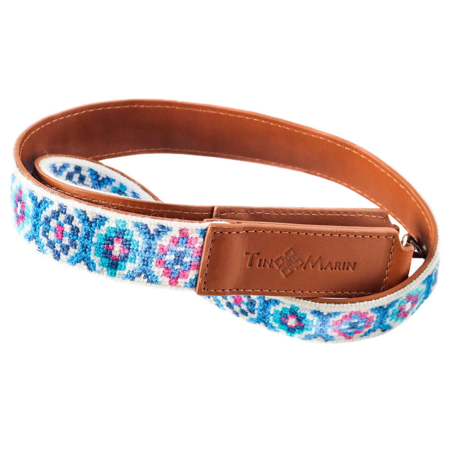 Mai Woven Bag Strap - Blue & Pink with Leather Tin Marin Brand