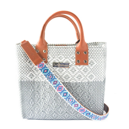 Mai Woven Bag Strap - Blue & Pink with Leather Tin Marin Brand