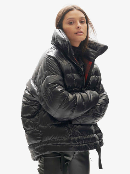 Reversible Wool Half Zip Puffer - Black Plaid