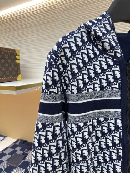 Dior Oblique Blue Reversible Zipped Cardigan with Hood