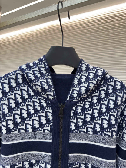 Dior Oblique Blue Reversible Zipped Cardigan with Hood