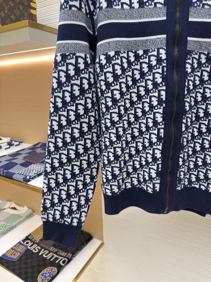 Dior Oblique Blue Reversible Zipped Cardigan with Hood