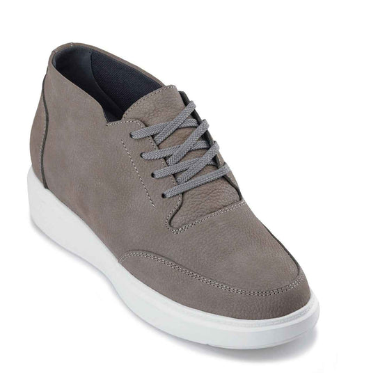 CALTO - J1771  - 3.2 Inches Taller (Grey) - Casual Chunky Sole Boots – Soft Pebble Grain Nubuck Leather Tallmenshoes.com
