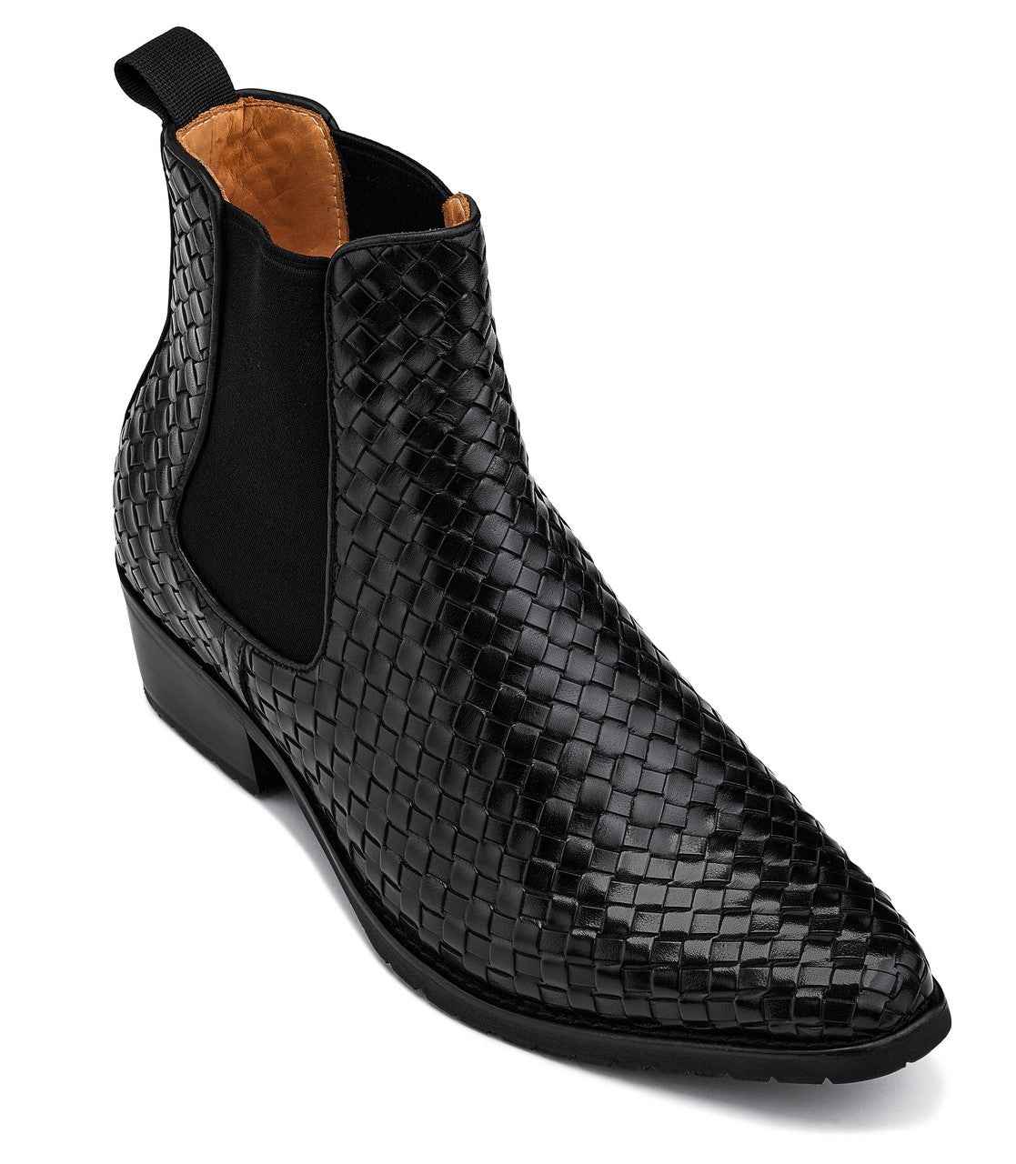 CALTO - K30521 - 3.3 Inches Taller (Black) - Woven Slip-On High-Top Chelsea Ankle Boots Tallmenshoes.com