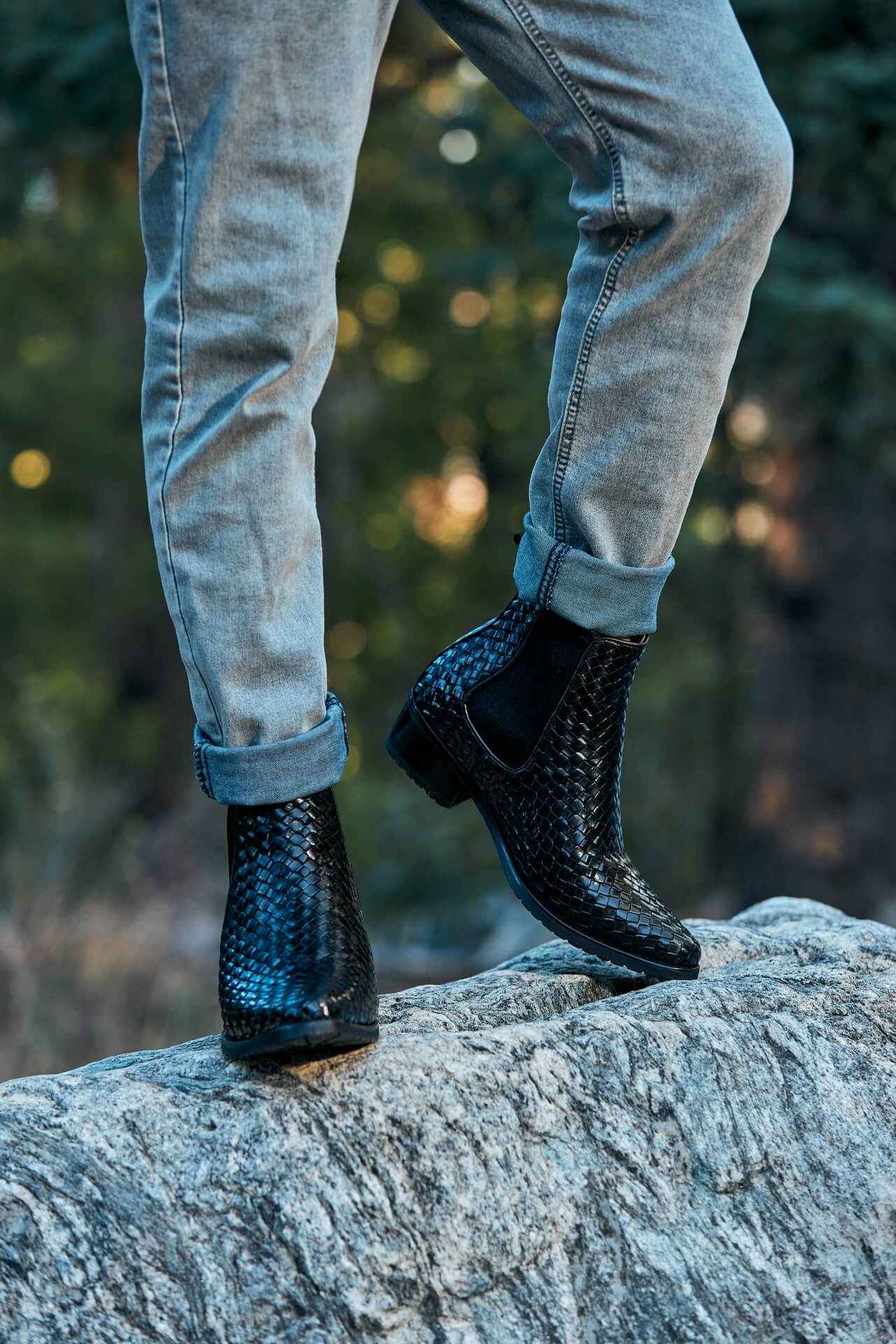 CALTO - K30521 - 3.3 Inches Taller (Black) - Woven Slip-On High-Top Chelsea Ankle Boots Tallmenshoes.com