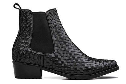 CALTO - K30521 - 3.3 Inches Taller (Black) - Woven Slip-On High-Top Chelsea Ankle Boots Tallmenshoes.com