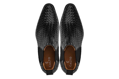 CALTO - K30521 - 3.3 Inches Taller (Black) - Woven Slip-On High-Top Chelsea Ankle Boots Tallmenshoes.com