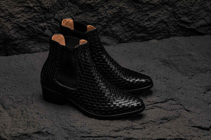 CALTO - K30521 - 3.3 Inches Taller (Black) - Woven Slip-On High-Top Chelsea Ankle Boots Tallmenshoes.com