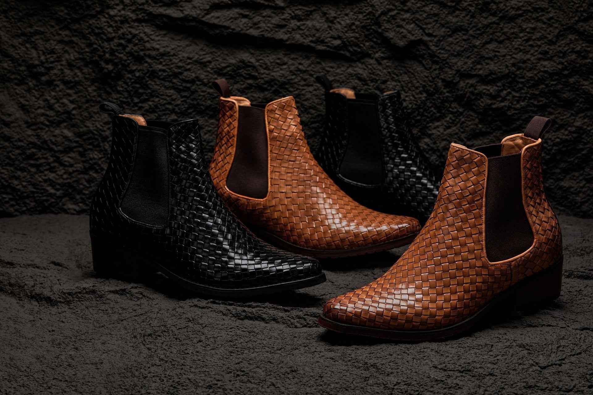CALTO - K30521 - 3.3 Inches Taller (Black) - Woven Slip-On High-Top Chelsea Ankle Boots Tallmenshoes.com
