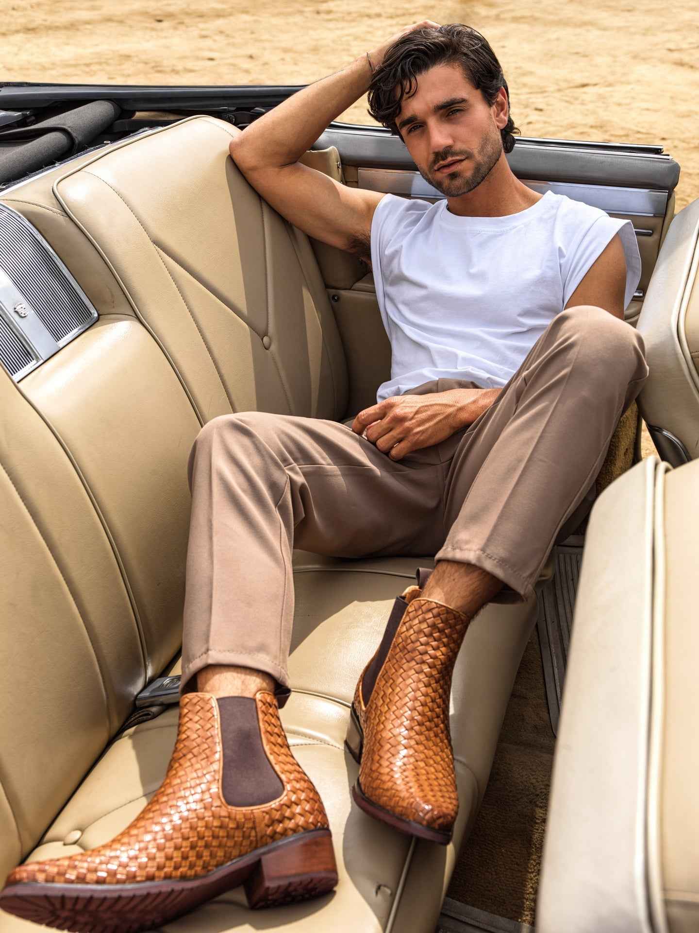 CALTO - K30522 - 3.3 Inches Taller (Brown) - Woven Chelsea High-Top Slip-On Ankle Boots Tallmenshoes.com