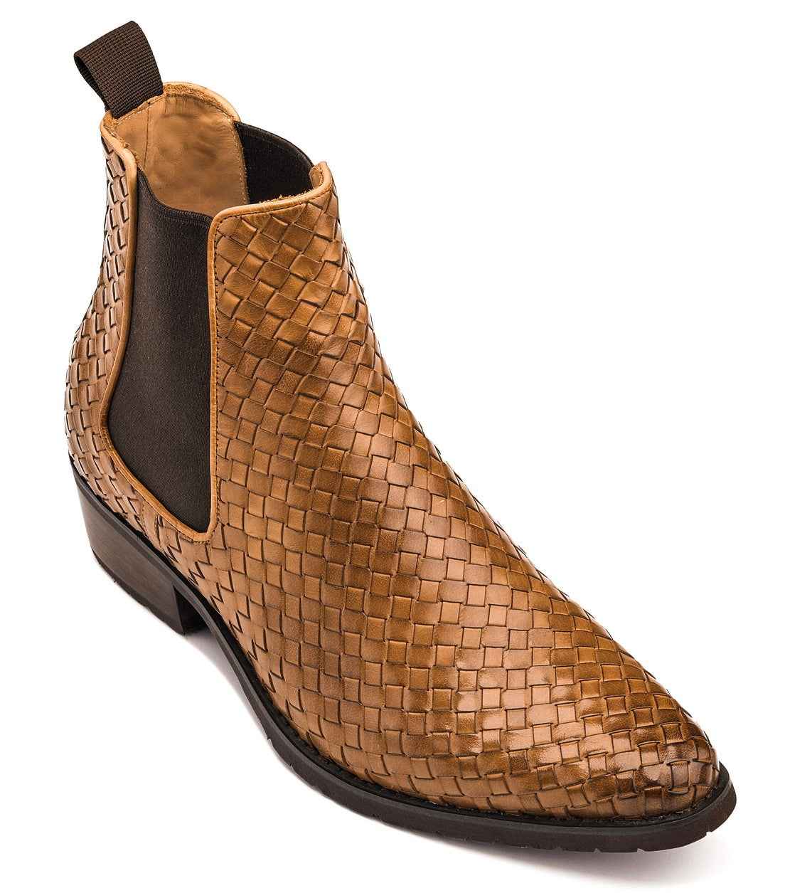 CALTO - K30522 - 3.3 Inches Taller (Brown) - Woven Chelsea High-Top Slip-On Ankle Boots Tallmenshoes.com