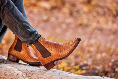 CALTO - K30522 - 3.3 Inches Taller (Brown) - Woven Chelsea High-Top Slip-On Ankle Boots Tallmenshoes.com