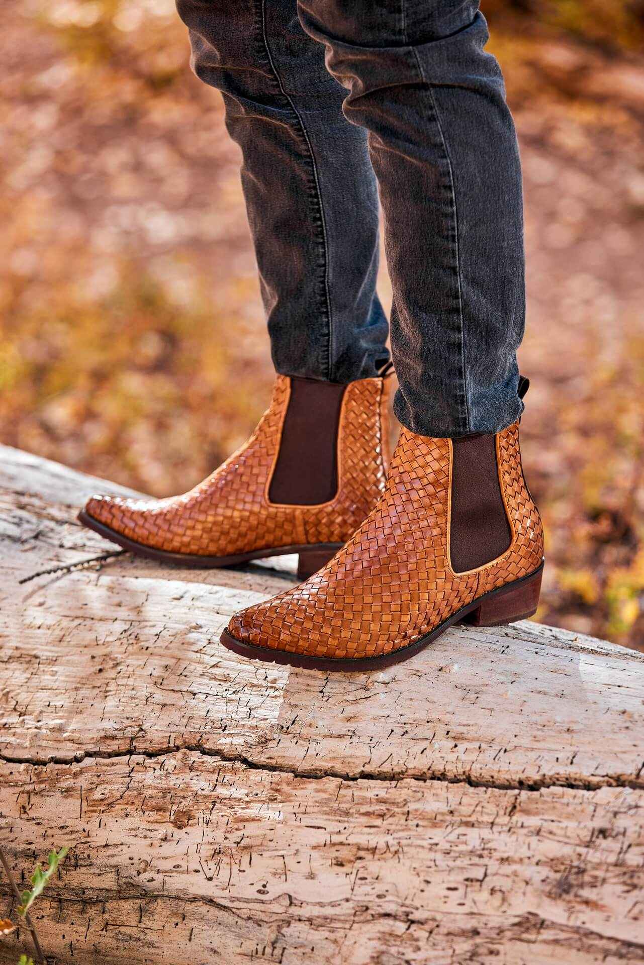 CALTO - K30522 - 3.3 Inches Taller (Brown) - Woven Chelsea High-Top Slip-On Ankle Boots Tallmenshoes.com