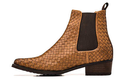 CALTO - K30522 - 3.3 Inches Taller (Brown) - Woven Chelsea High-Top Slip-On Ankle Boots Tallmenshoes.com