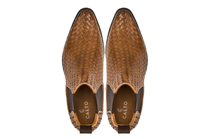 CALTO - K30522 - 3.3 Inches Taller (Brown) - Woven Chelsea High-Top Slip-On Ankle Boots Tallmenshoes.com