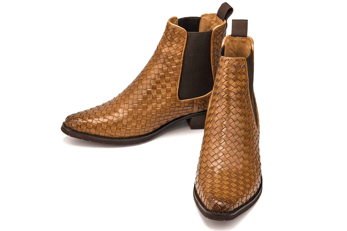 CALTO - K30522 - 3.3 Inches Taller (Brown) - Woven Chelsea High-Top Slip-On Ankle Boots Tallmenshoes.com