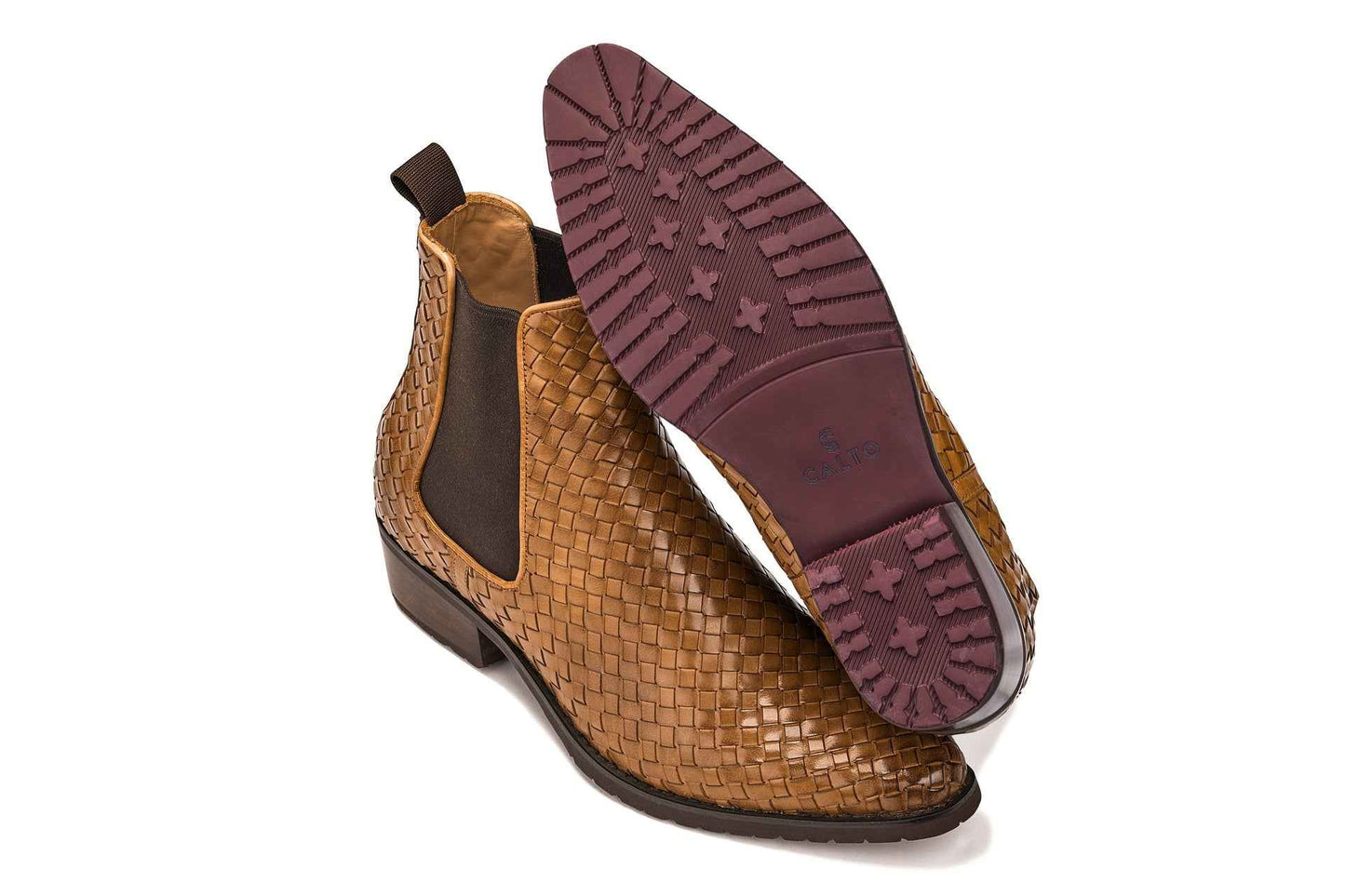 CALTO - K30522 - 3.3 Inches Taller (Brown) - Woven Chelsea High-Top Slip-On Ankle Boots Tallmenshoes.com