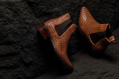 CALTO - K30522 - 3.3 Inches Taller (Brown) - Woven Chelsea High-Top Slip-On Ankle Boots Tallmenshoes.com