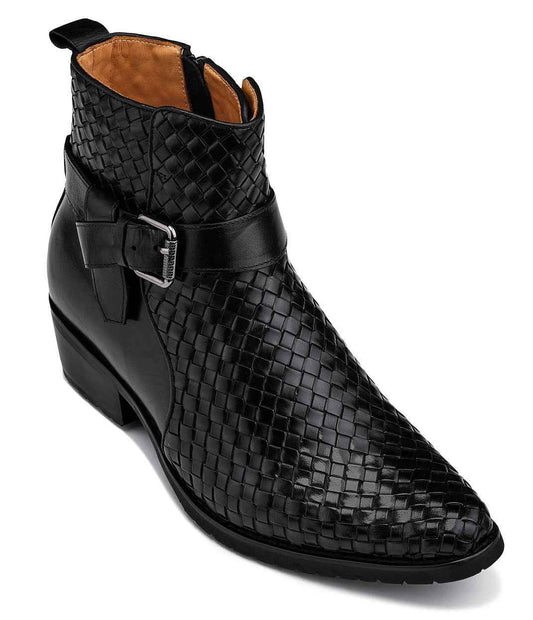 CALTO - K30523 - 3.3 Inches Taller (Black) - Woven High-Top Ankle Buckle Zipper Boots Tallmenshoes.com