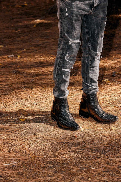 CALTO - K30523 - 3.3 Inches Taller (Black) - Woven High-Top Ankle Buckle Zipper Boots Tallmenshoes.com