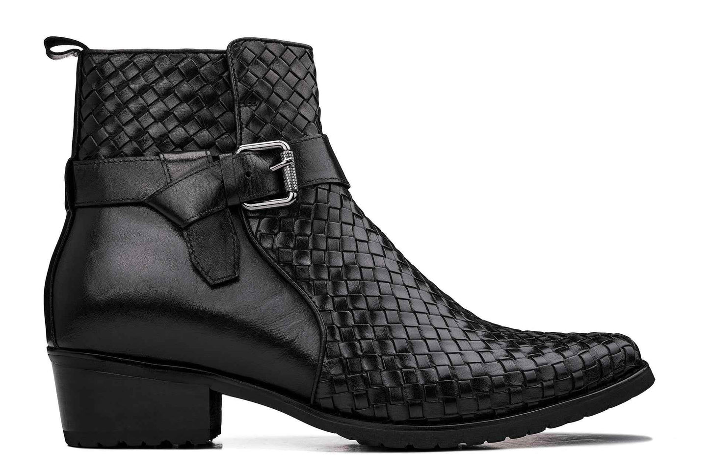CALTO - K30523 - 3.3 Inches Taller (Black) - Woven High-Top Ankle Buckle Zipper Boots Tallmenshoes.com