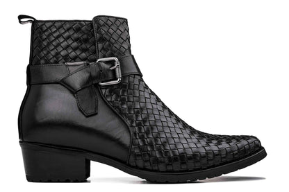 CALTO - K30523 - 3.3 Inches Taller (Black) - Woven High-Top Ankle Buckle Zipper Boots Tallmenshoes.com