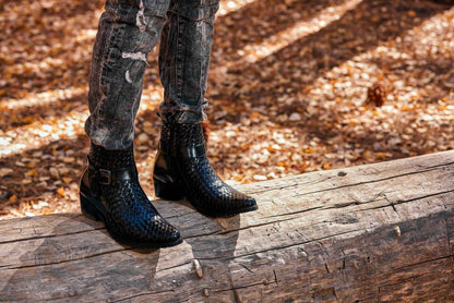 CALTO - K30523 - 3.3 Inches Taller (Black) - Woven High-Top Ankle Buckle Zipper Boots Tallmenshoes.com
