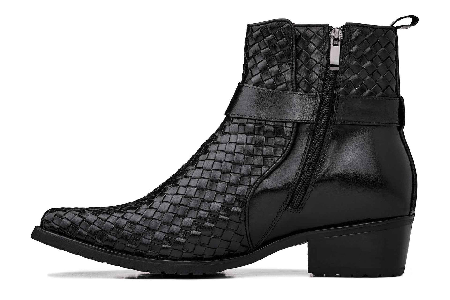 CALTO - K30523 - 3.3 Inches Taller (Black) - Woven High-Top Ankle Buckle Zipper Boots Tallmenshoes.com