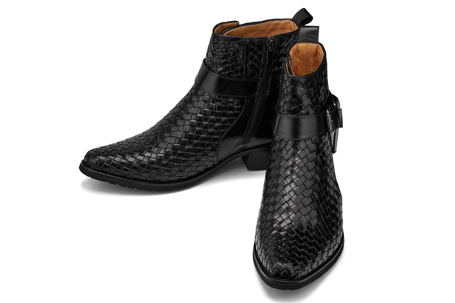 CALTO - K30523 - 3.3 Inches Taller (Black) - Woven High-Top Ankle Buckle Zipper Boots Tallmenshoes.com