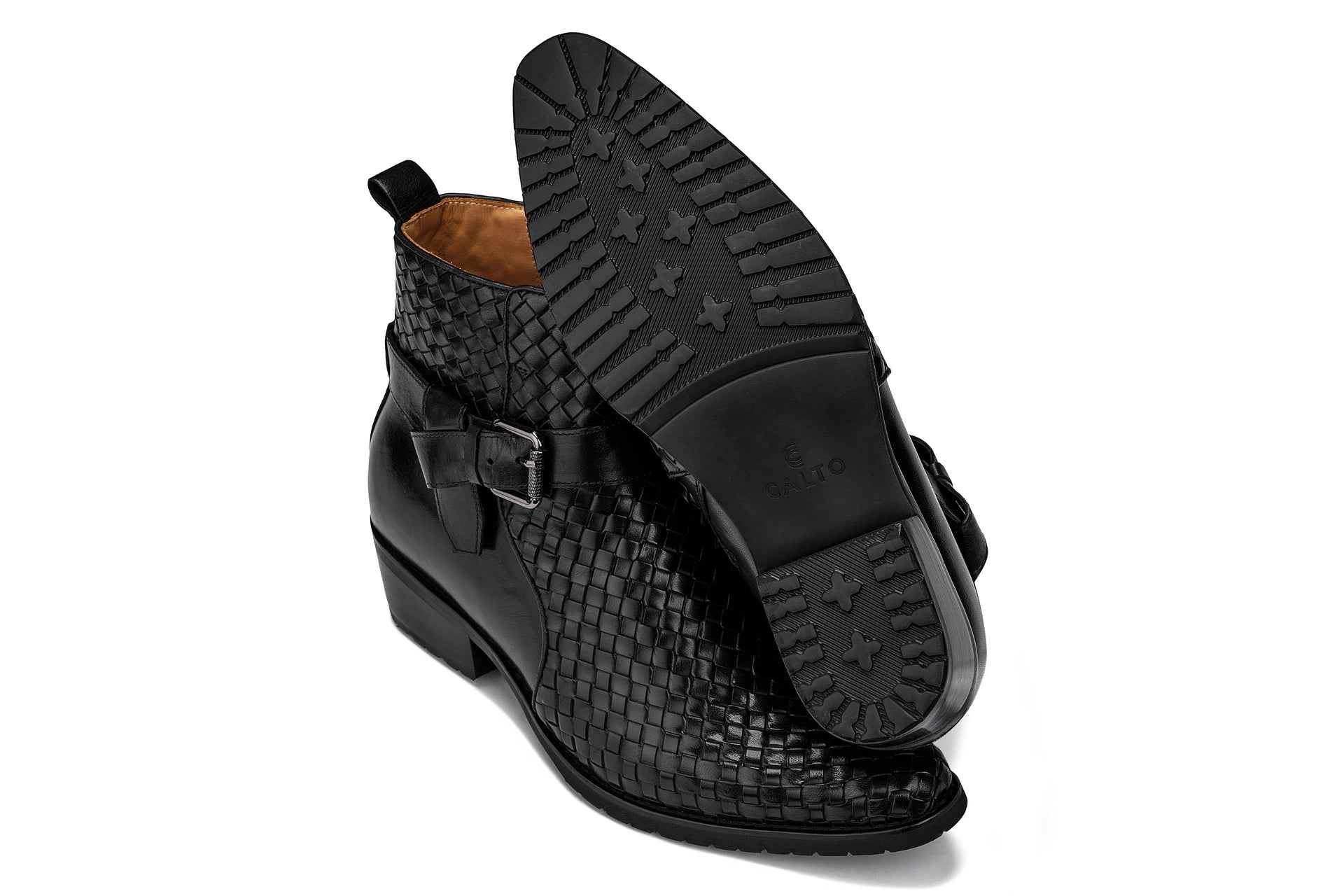 CALTO - K30523 - 3.3 Inches Taller (Black) - Woven High-Top Ankle Buckle Zipper Boots Tallmenshoes.com