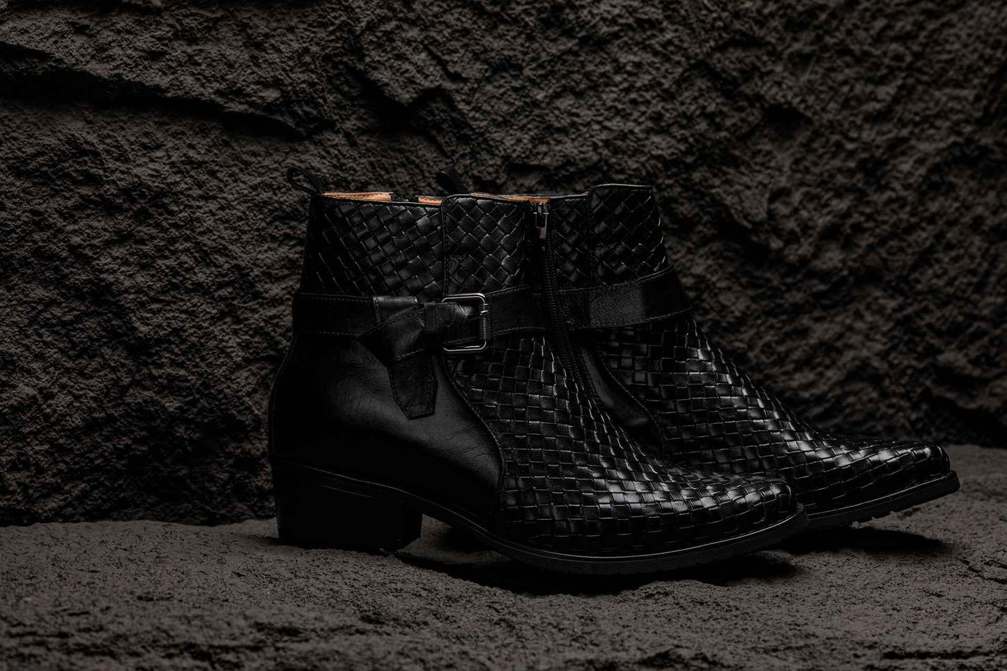 CALTO - K30523 - 3.3 Inches Taller (Black) - Woven High-Top Ankle Buckle Zipper Boots Tallmenshoes.com