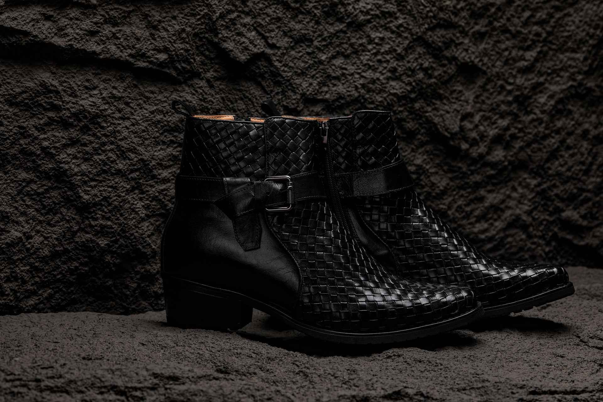 CALTO - K30523 - 3.3 Inches Taller (Black) - Woven High-Top Ankle Buckle Zipper Boots Tallmenshoes.com